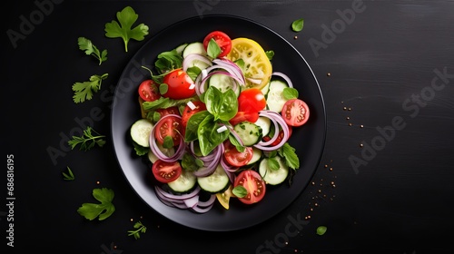 A plate containing a salad filled with fresh vegetables and viewed from above.