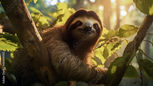 A slow-moving sloth hangs from a verdant branch in the Amazon  its camouflage blending seamlessly with the dappled sunlight.