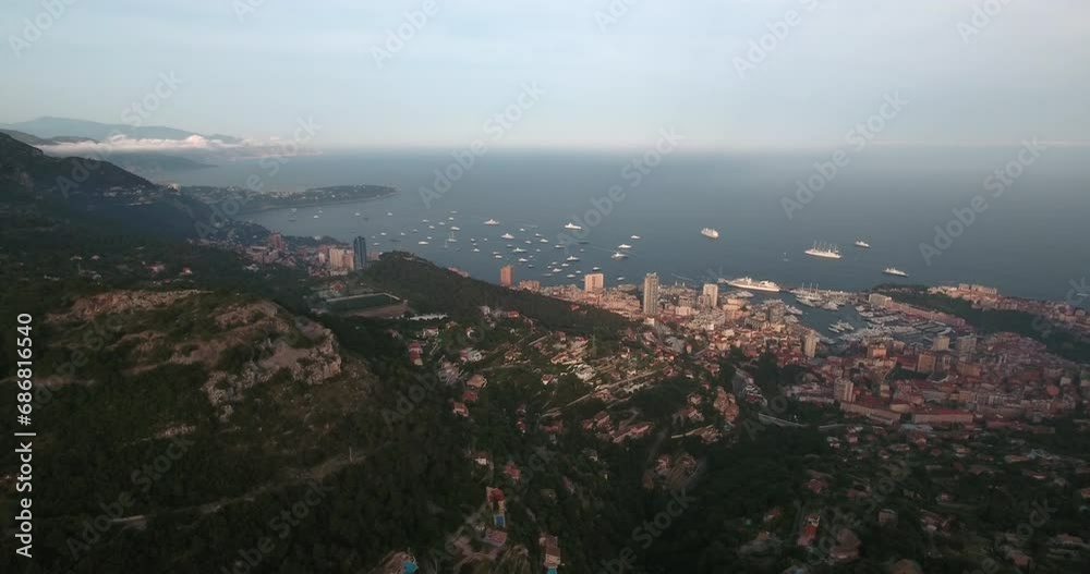 Aerial Lockdown Scenic View Of Residential City By Sea With Nautical Vessels - Monte Carlo, Monaco Aerial Lockdown Scenic View Of Residential City By Sea With Nautical Vessels - Monte Carlo, Monaco