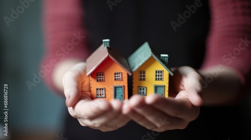 Buying a house, building repair and mortgage concept. Estimation real estate property with loan money and banking. Man or woman holding a house in hands