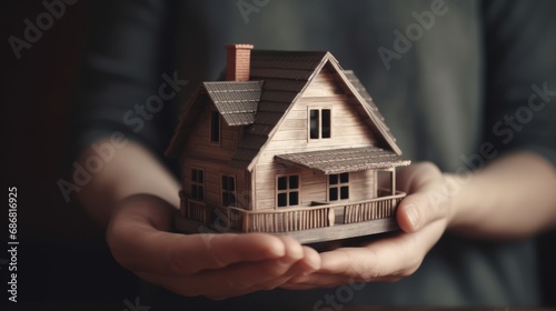 Buying a house, building repair and mortgage concept. Estimation real estate property with loan money and banking. Man or woman holding a house in hands