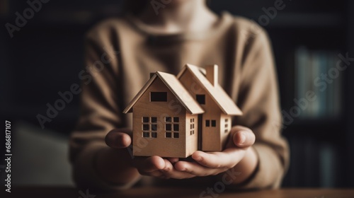 Buying a house, building repair and mortgage concept. Estimation real estate property with loan money and banking. Man or woman holding a house in hands photo