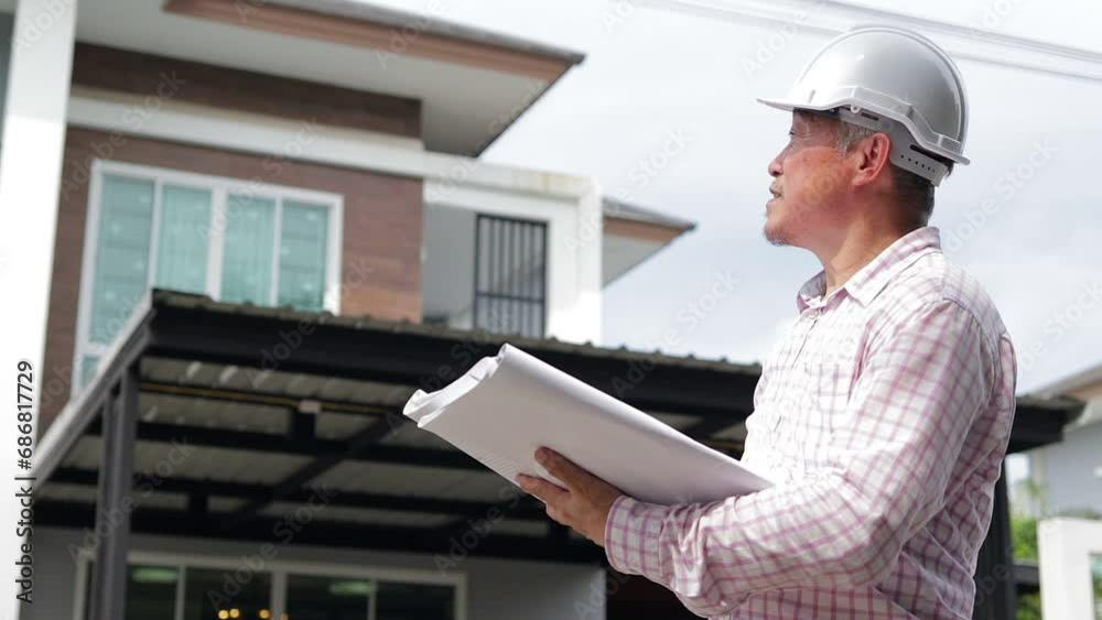 An elderly architect or engineer with work experience Wear a white safety hat and hold a house construction drawing to check details. real estate concept An elderly architect or engineer with work experience Wear a white safety hat and hold a house construction drawing to check details. real estate concept