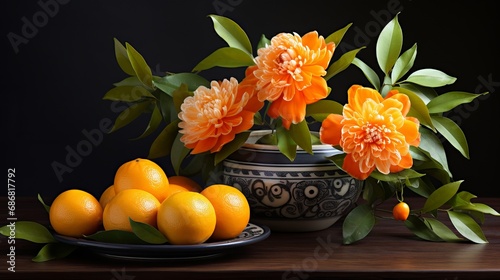Tangerines and flowers in the vicinity of chinese decorations