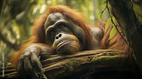 A wise old orangutan rests in the nook of a Bornean tree, its thoughtful eyes surveying the canopy it calls home.