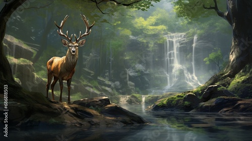 In a hushed forest sanctuary, a sambar deer graces the earth beside the vast banyan roots, with a backdrop of a shimmering limestone waterfall--a moment of sylvan peace.