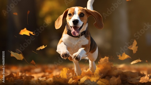 In a high-definition capture, a sprightly beagle leaps amidst a burst of autumn leaves, its eyes alight with vivacity. photo