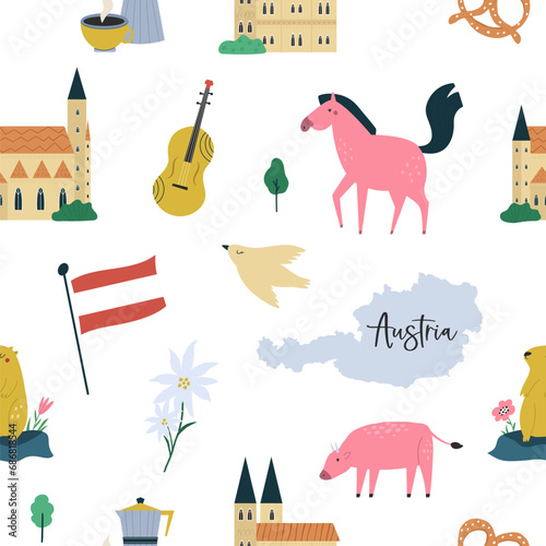 Photography Colorful seamless patterns with symbols, animals, landmarks of Austria
