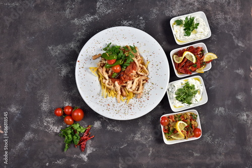 Chicken dinner and various appetizers