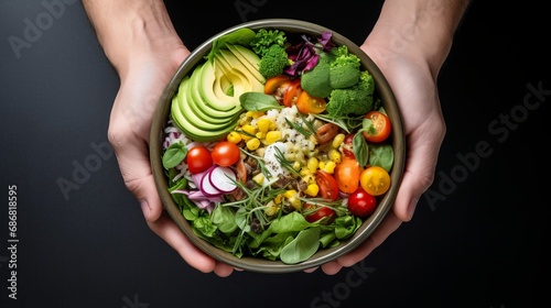 A person is raising a salad bowl from the top.