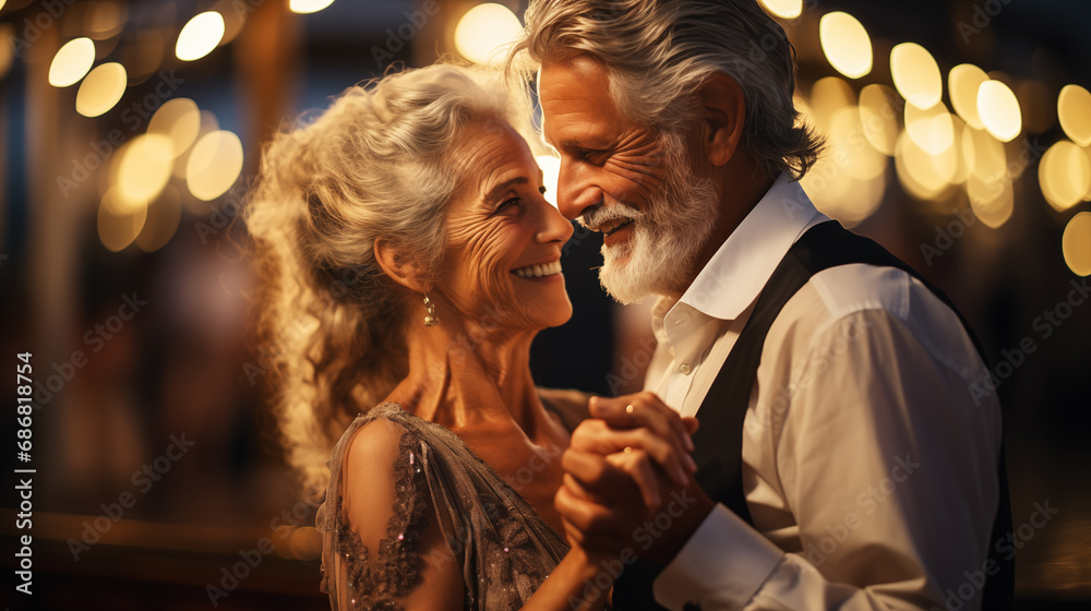Portrait of an elderly happy couple dancing together on the open deck of the cruise liner on a warm tropical evening