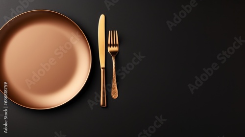 A view from above of a plate filled with keto diet food and a gold fork and knife.