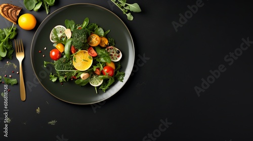 A view from above of a plate filled with keto diet food and a gold fork and knife.