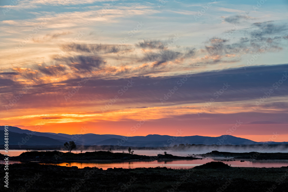 Great Britain, Scotland, Scottish Highlands, Glencoe, Rannoch Moor, Sunrise over Loch Ba