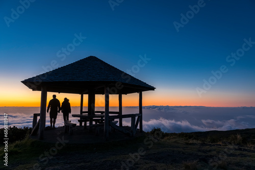 Reunion, Reunion National Park, Maido viewpoint, View from volcano Maido, picnic place to sea of clouds and sunset photo