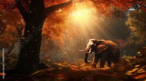 Sunlight filters through autumnal trees, illuminating the swirling dust around a serene elephant as it ambles through the forest's heart.