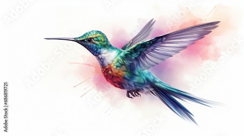 The delicate figure of a hummingbird hovers weightlessly in a watercolor vector illustration  each brushstroke defining the subtle iridescence of its feathers against the stark white background.