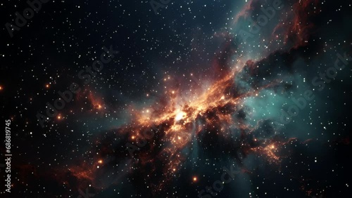 Moving through nebula, space animation. Colorful space as countless stars glide through the cosmic expanse, capturing the essence of space travel and the vast wonders of the universe. photo