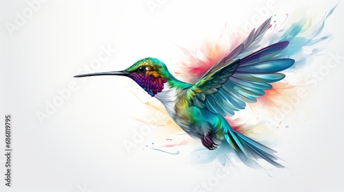 The delicate figure of a hummingbird hovers weightlessly in a watercolor vector illustration  each brushstroke defining the subtle iridescence of its feathers against the stark white background.