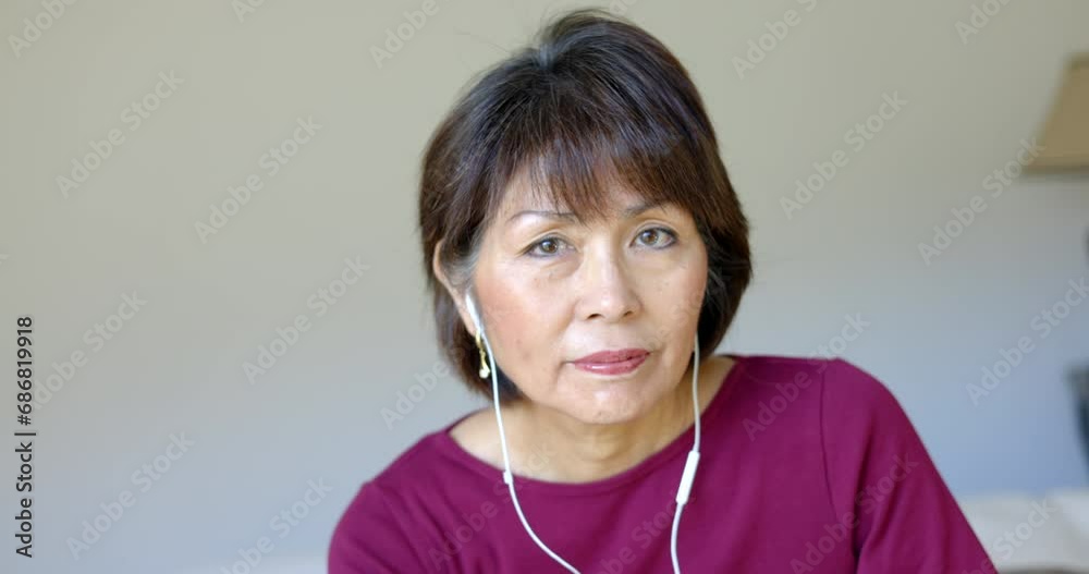 Close up beautiful mature woman looking at camera wearing ear buds listening to music Close up beautiful mature woman looking at camera wearing ear buds listening to music