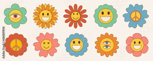 Vector set of cartoon groovy daisy flowers in trendy retro 70s style.Vector illustration