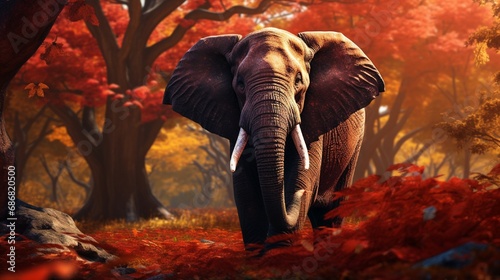 The tranquil presence of an elephant is contrasted by the vibrant chaos of autumn leaves and the ephemeral dance of dust motes in a forest clearing.