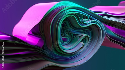 Psychedelic swirls of a 3D ribbon in neon purple and green hues. 3D illustration with a sleek, modern vibe.