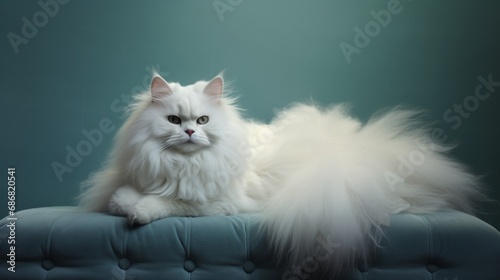 The tranquil repose of a fluffy cat, fur tousled, juxtaposed with a sleek, uniform background for a stunning visual dichotomy.