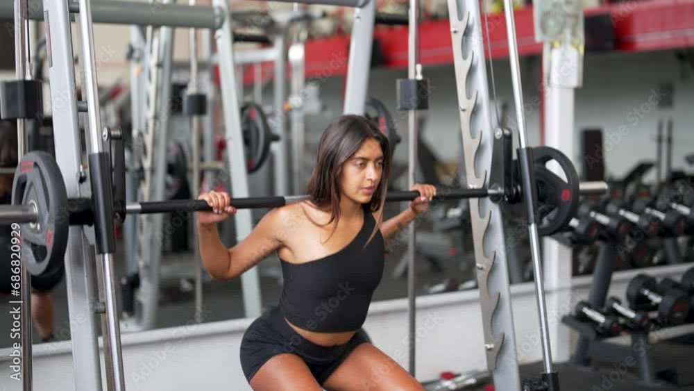 Latin woman doing squats on fixed bar in the gym Latin woman doing squats on fixed bar in the gym
