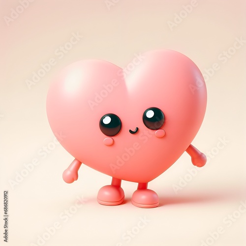 Cute Valentines character 3D cartoon love heart with happy smiley face on plain isolated background valentine romance concept imagery pink and red color 