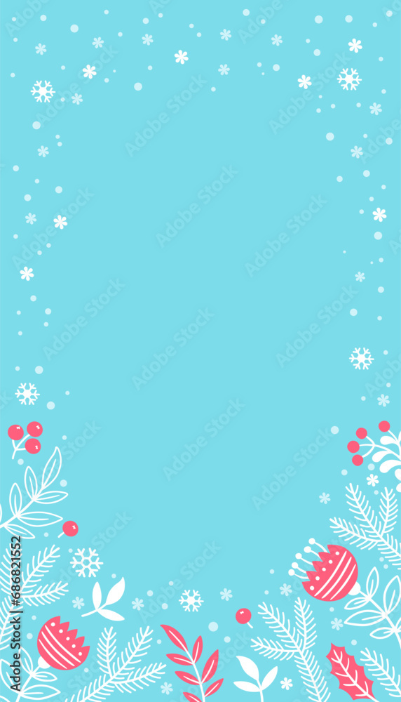 Vertical banner with flower pattern. Hand draw vector illustration. Winter background with flowers and leaves on blue background