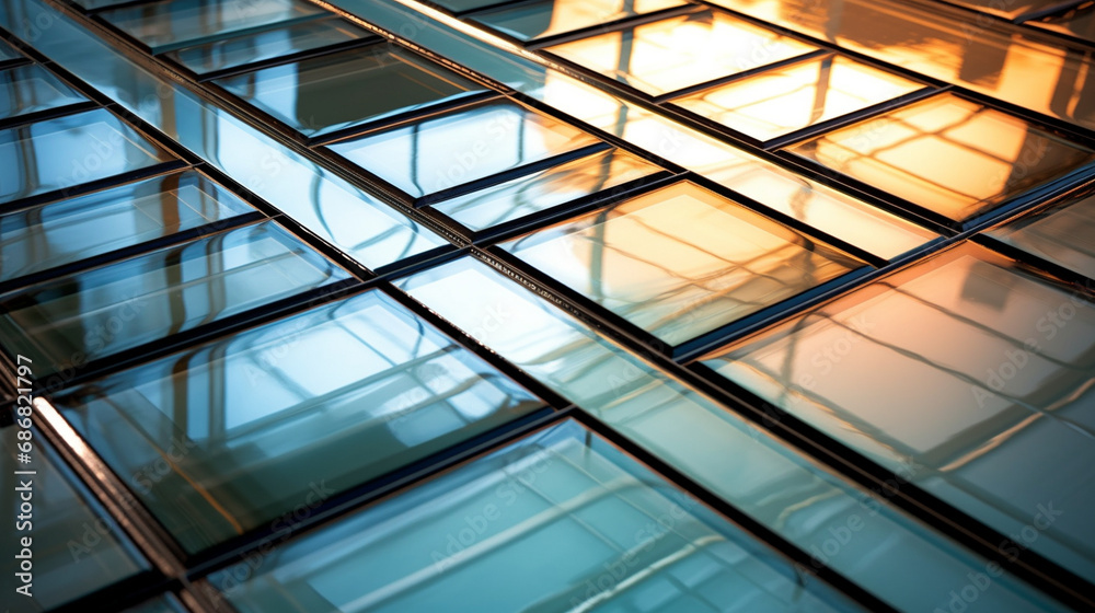 Glassy Gleam: A stunning close-up of glass floor tiles, capturing their reflective and translucent qualities that add a touch of modernity. Glassy Gleam: A stunning close-up of glass floor tiles, capturing their reflective and translucent qualities that add a touch of modernity.