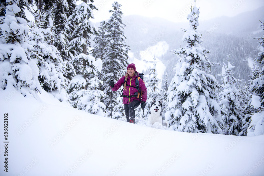 Austria, Altenmarkt-Zauchensee, young woman with dog on ski tour in winter forest
