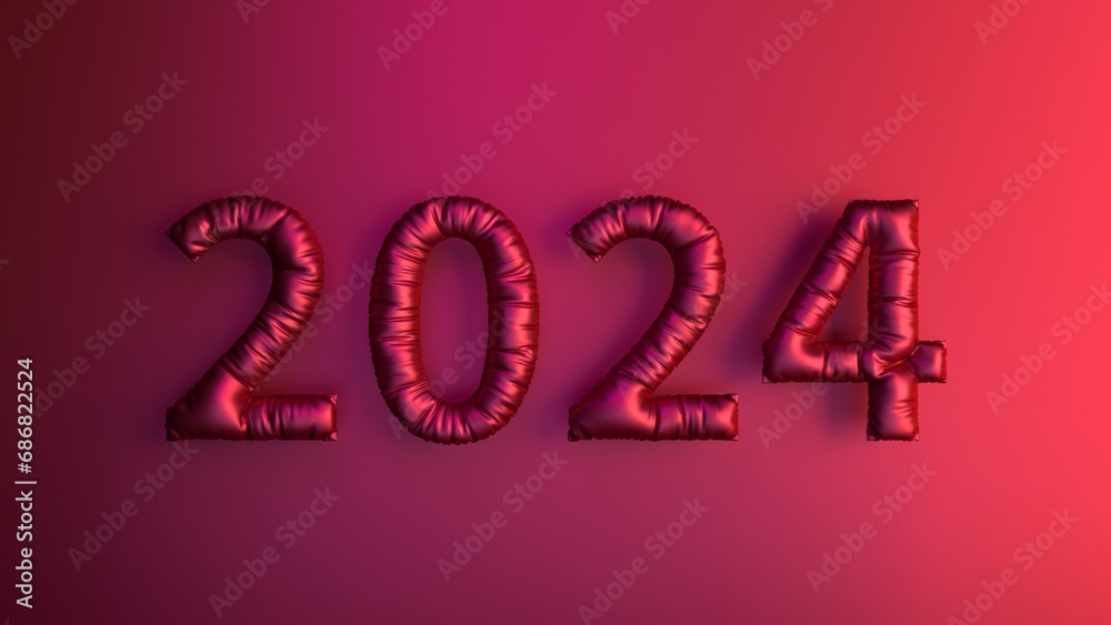 Satin 2024 balloons on a gradient background, symbolizing a sleek and modern New Year celebration, 3D illustration