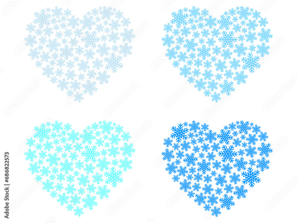 フラットな雪の結晶ハートセット：青