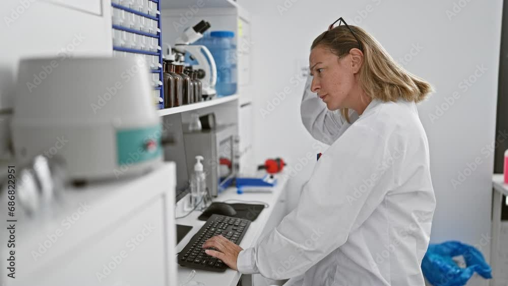 Blonde bombshell in a lab coat, focused, young scientist takes off her glasses amidst intense computer work at biology research laboratory. Blonde bombshell in a lab coat, focused, young scientist takes off her glasses amidst intense computer work at biology research laboratory.