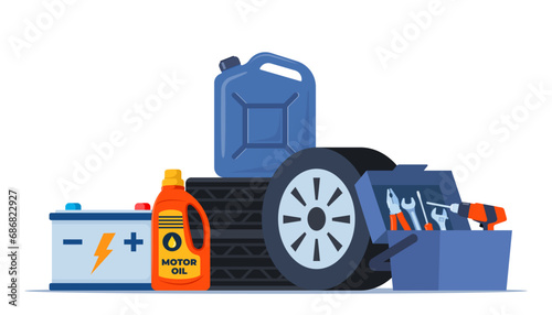 Auto service accessories composition with tool kit, gasoline canister and battery. Vector illustration.