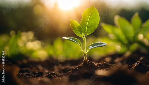 A young green plant grows from dirt amidst sunlight, its delicate leaves and exposed roots basking in the warmth of new life and nature's potential