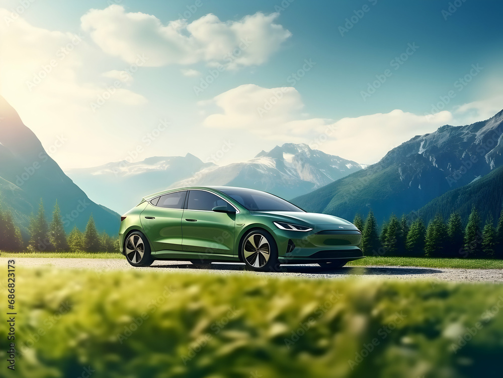 Fototapeta premium charging EV car electric vehicle clean energy for driving future, eco-friendly alternative energy concept, futuristic hybrid vehicle charge battery electric on station, ai generated photo