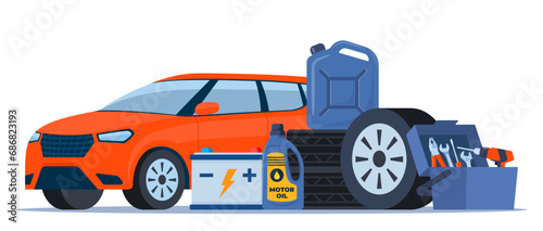 Car and auto service accessories composition with tool kit, gasoline canister and battery. Vector illustration.