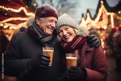 Happy senior couple smiling and standing outside, drink hot beverage , coffee. Christmas holiday weekend.