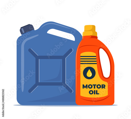 Jerrycan. Canister for petrol, gasoline and engine oil. Car motor oil in plastic canister. Engine liquid bottle. Vector illustration.
