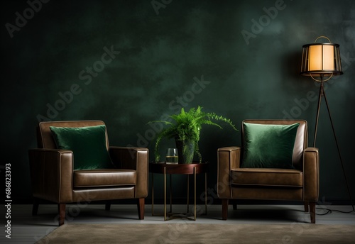 Brown leather sofa armchairs with green velvet terra cotta cushions and round table with plant and lamp against dark green wall. Modern classic style living room design. photo