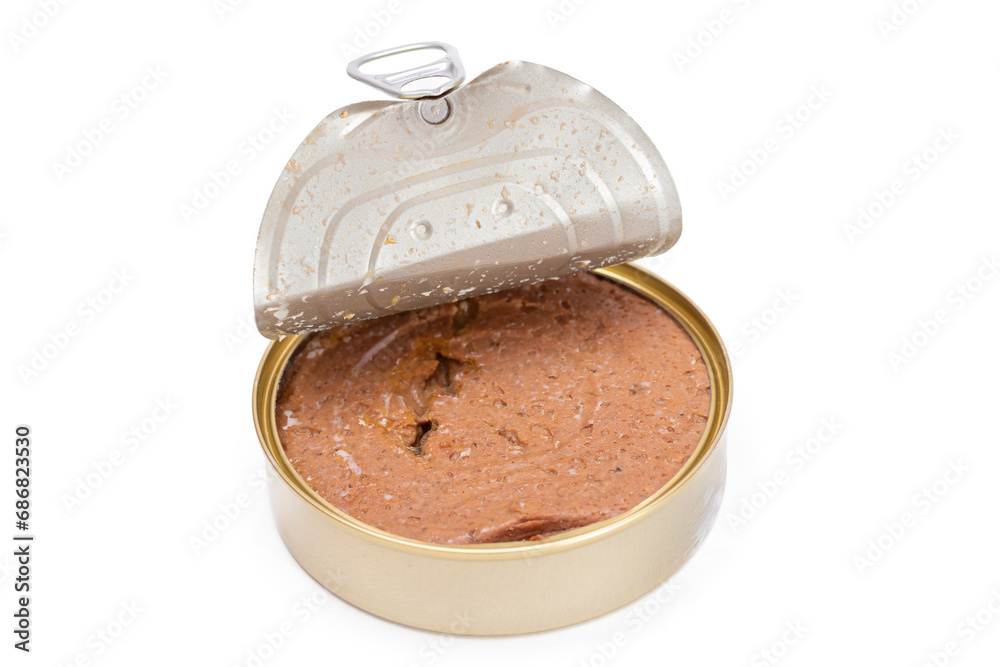 Opened Tin Can with Chicken Liver Pate Isolated on White Background. Open Canned Pate - Isolation Opened Tin Can with Chicken Liver Pate Isolated on White Background. Open Canned Pate - Isolation