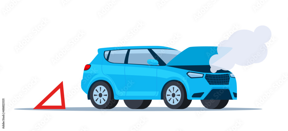 Fototapeta premium Car breakdown on the road emitting smoke with the hood open and warning sign behind. Vector illustration.