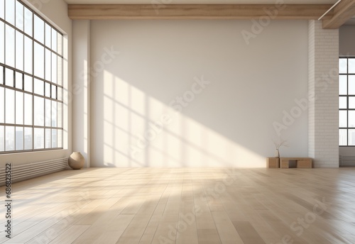 Loft empty living room sunny day. Empty wall mockup. Lofty modern interior design of a modern living room.