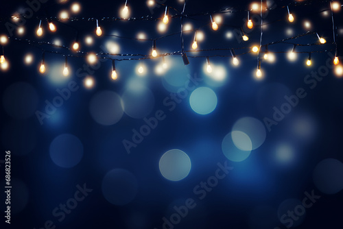 christmas garland bokeh lights over dark blue background generated AI