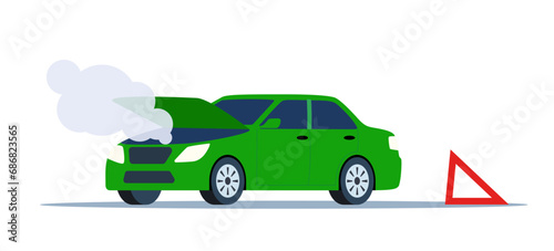 Car breakdown on the road emitting smoke with the hood open and warning sign behind. Vector illustration.