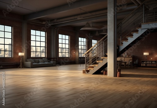 Interior design of an empty office with stairs and sofa on a wooden floor near big windows.