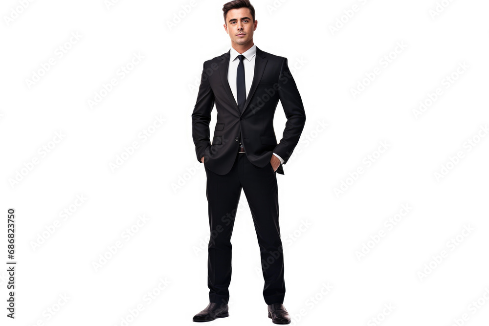 This image features a handsome businessman in a suit, standing confidently and looking ahead, with a white background enhancing his presence. This image features a handsome businessman in a suit, standing confidently and looking ahead, with a white background enhancing his presence.